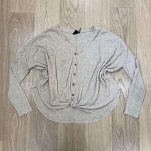 Out From Under Jojo Waffle Knit Tie-Front Thermal Top - Oatmeal Size Small